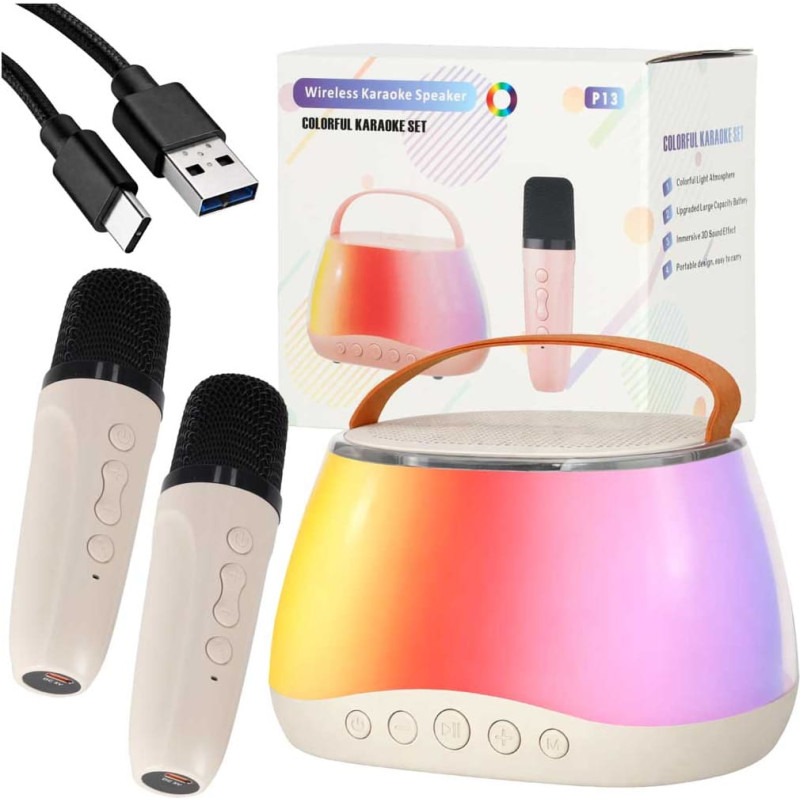 Karaoke komplekts Bluetooth skaļrunis LED RGB 2 mikrofoni USB