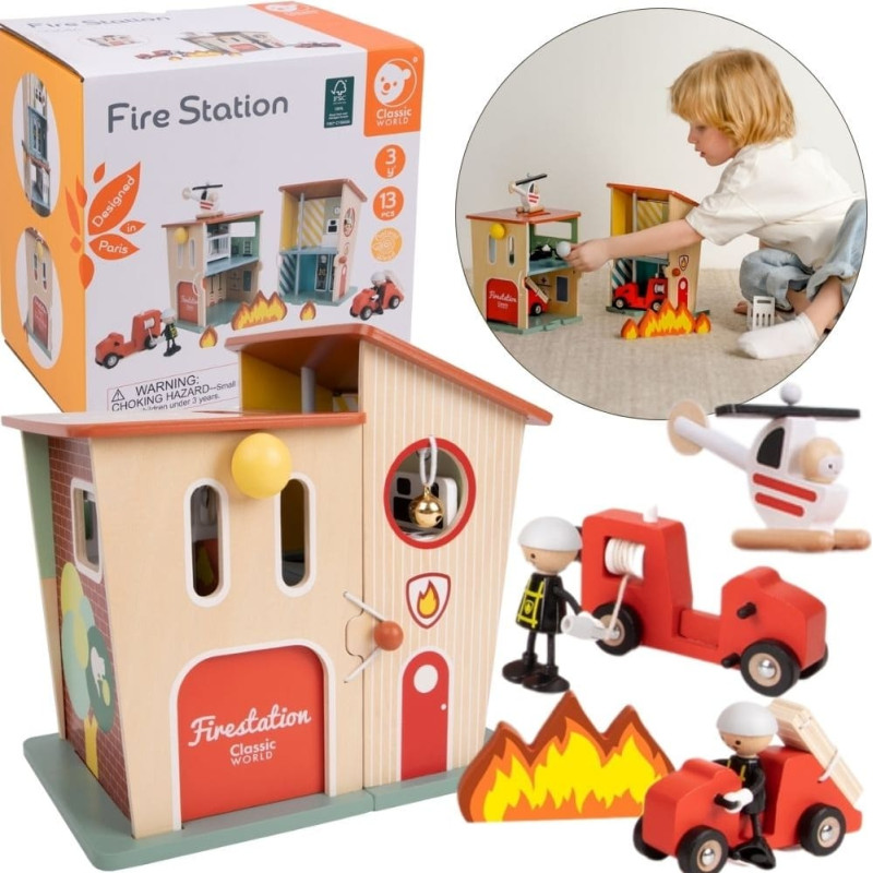 Classic World Remiza Strażacka Drewniana Garaż Auto Helikopter Figurki 13el.