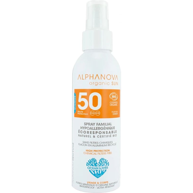 Alphanova Sun SPF50 aerosols &ndash; organisks, ūdensnoturīgs minerālais saules aizsargsprejs visai ģimenei ar kokosriekstu aromātu, 150 ml