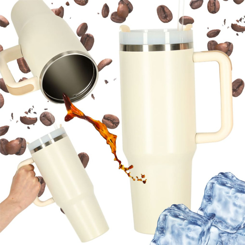 Termiskā krūze ar salmiņu un rokturi termoss 1200ml krēms