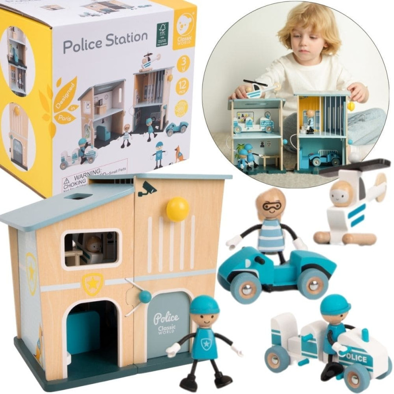 Classic World Posterunek Policji Drewniany Samoch&oacute;d Helikopter FIgurki 12el.