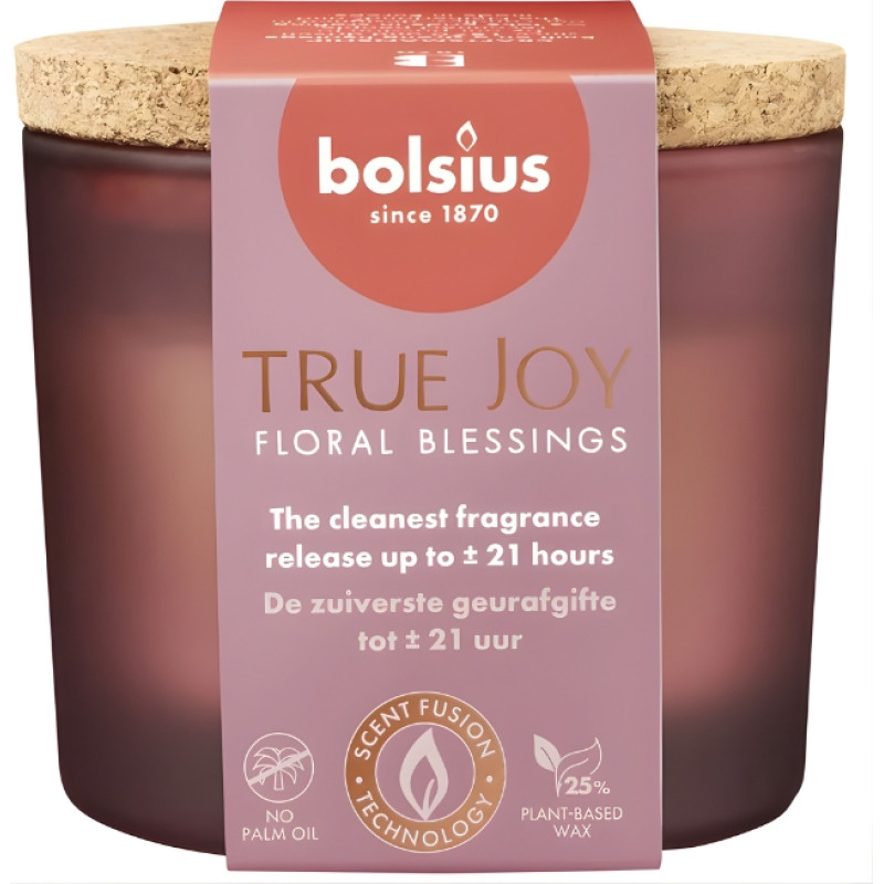 Bolsius Žvakių aromatas. stiklas gl. su kam&scaron;čiu True Joy &Oslash;66x83mm gėlių palaiminimai
