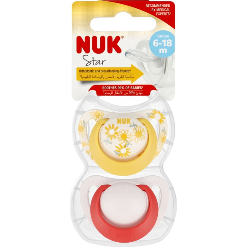 NUK 736726 Smoczek uspokajający 2 el. 6-18m STAR ż&oacute;łty/r&oacute;żowy