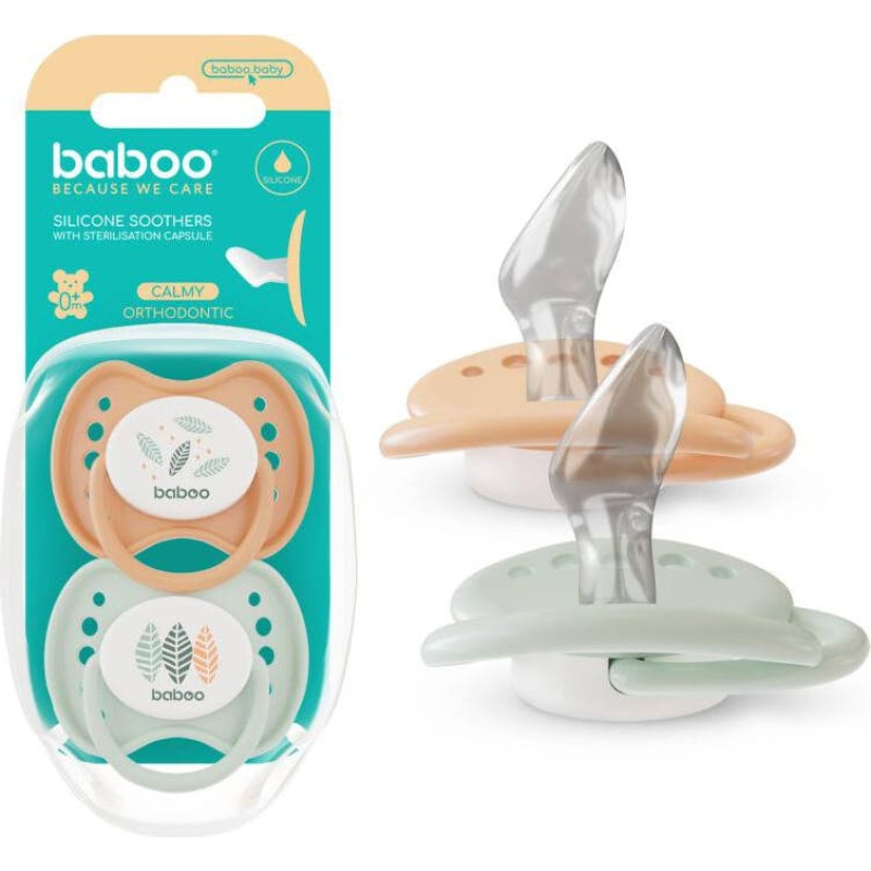 Baboo Ортодонтическая силиконовая пустышка Calmy Peachy Keen, 0+ месяцев, 2 шт.