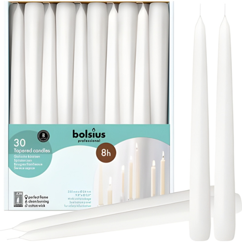 Bolsius Настольные свечи профессиональные, 30 шт. в коробке, 250/24 мм, белые.