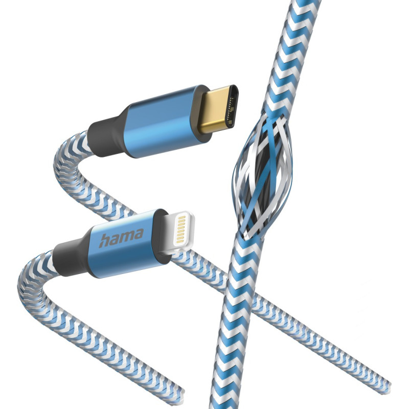 Hama 00201561 Reflective Charging Cable, USB-C - Lightning 1.5m Nylon blue