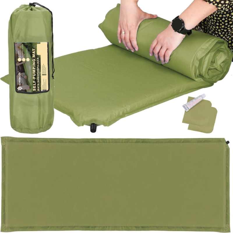 Springos Самонадувающийся туристический коврик Springos PM046, 180 см, с чехлом, зеленый