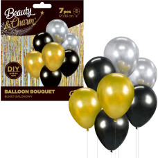 BALONOWY BUKIET ZŁOTO-SREBRO-CZARNY 7SZT