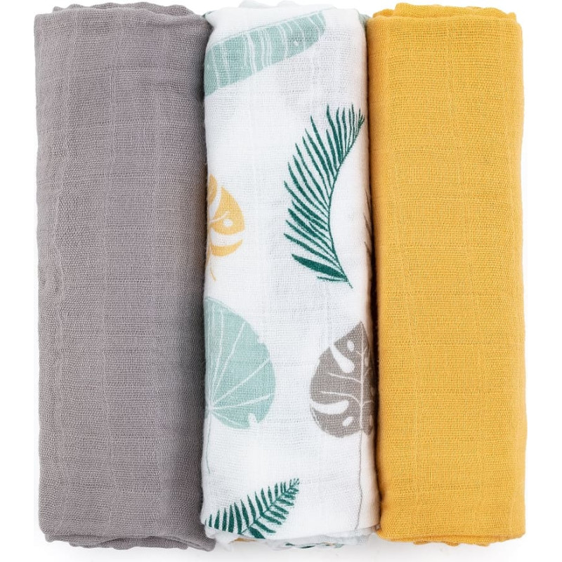 Petite&Mars 415360 Zestaw pieluszek z muślinu bambusowego 3 szt 68x68 cm Ochre Leaves