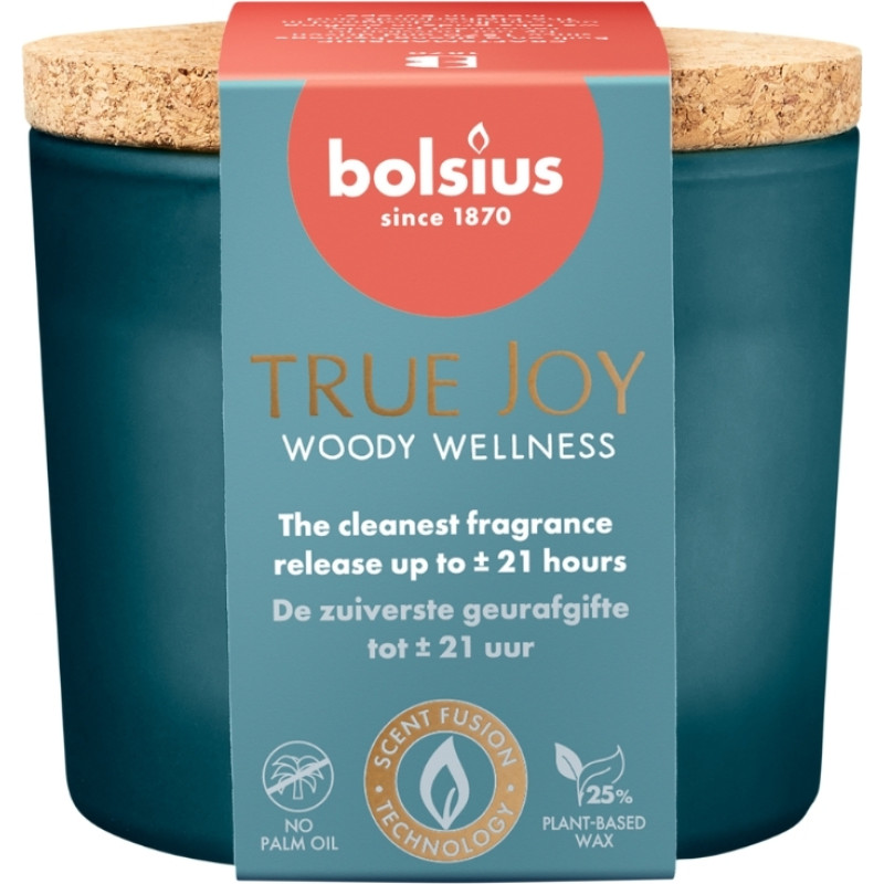 Bolsius Ароматическая свеча в стеклянной баночке с пробкой. Аромат True Joy &Oslash;66x83 мм, древесный, для хорошего самочувствия.