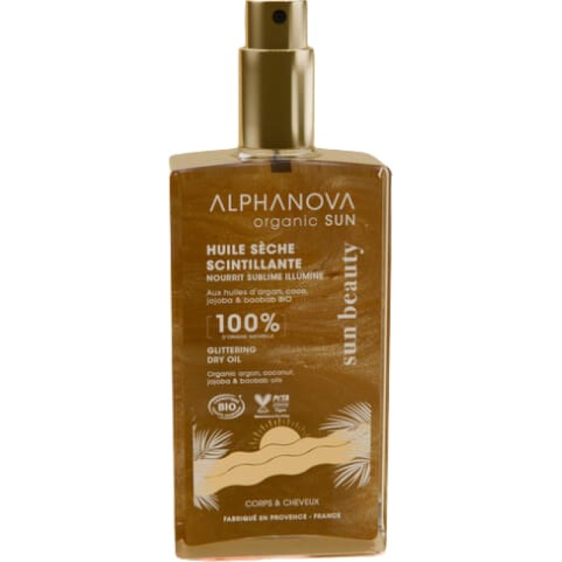 Alphanova Sun Сияющее органическое сухое масло для тела и волос с маслами арганы, жожоба и баобаба, 100 мл
