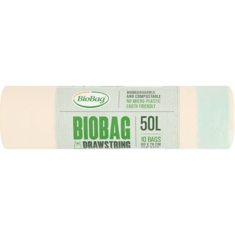 Biobag Компостируемые пакеты для мусора с завязками BioBag 50 л (10 шт. в рулоне) 25 мкр. 60x70 см, зеленые.