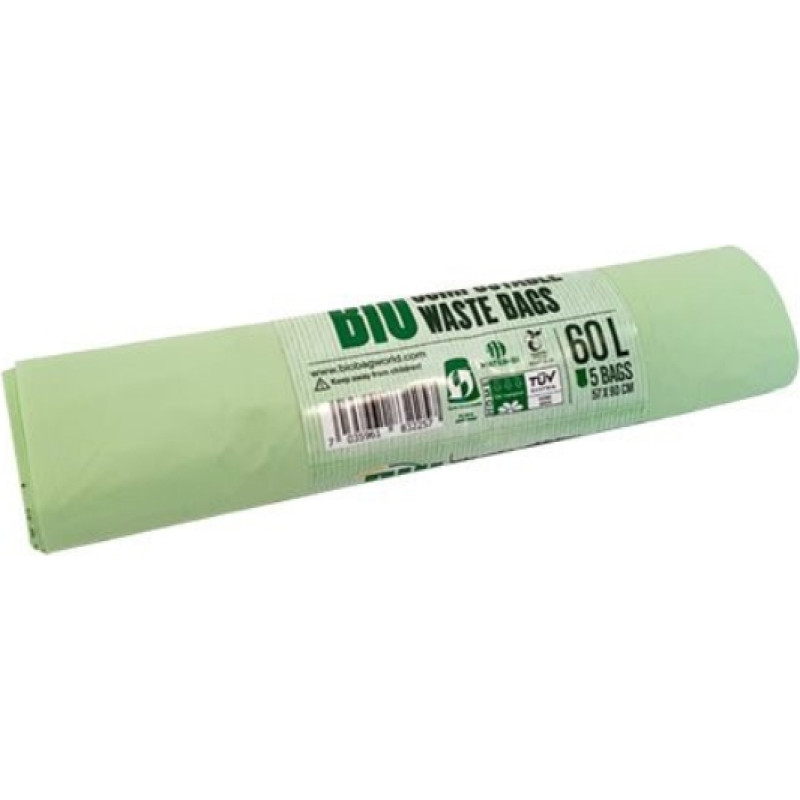 Biobag Компостируемые мусорные пакеты BioBag 60л (5 шт. в рулоне) 17мкр. 57х90см зеленые