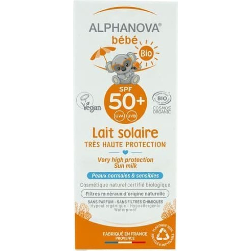 Alphanova Sun SPF50 натуральный, без отдушек и водостойкий солнцезащитный крем для младенцев с 0+ месяцев, 50 мл