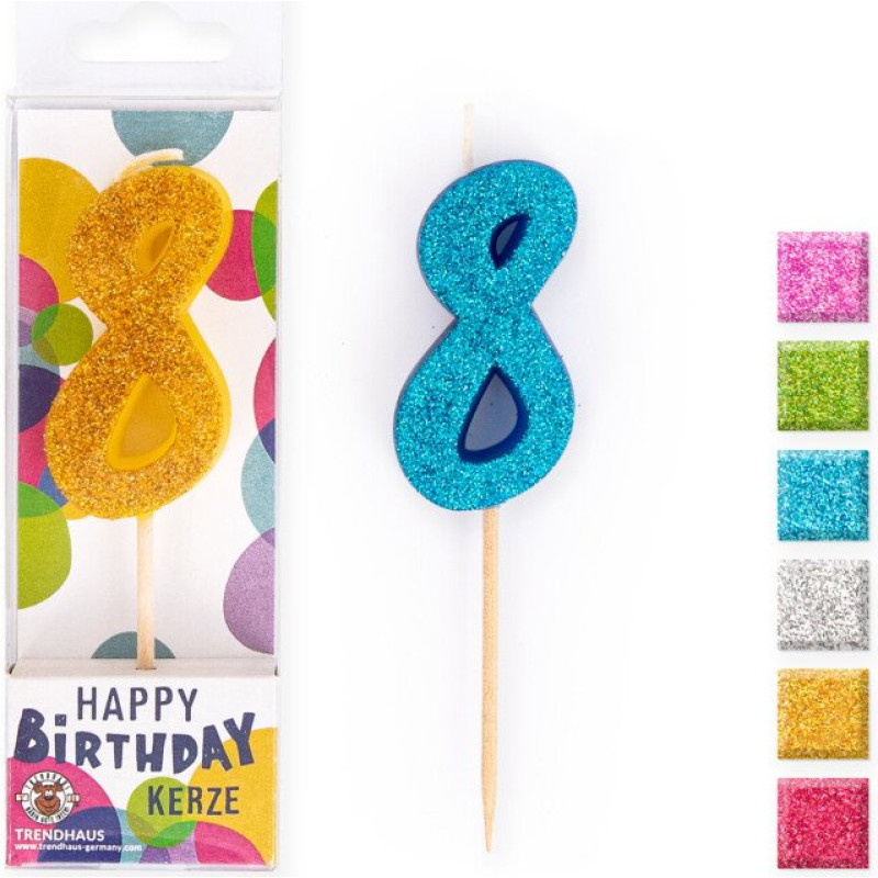 Trendhaus Birthday Fun - Цифровая свеча с блестками - 8 (разные цвета) (8.8 cm)