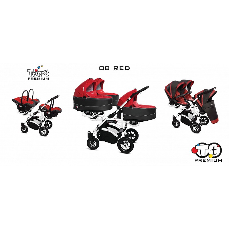 BABYACTIVE TRIPPY Premium коляска для тройни 3in1, 08 RED с белой рамой