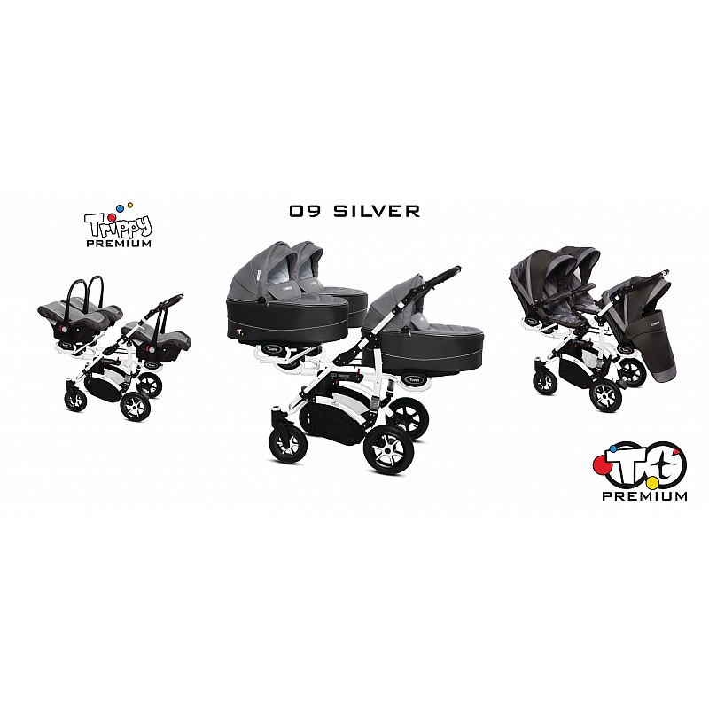 BABYACTIVE TRIPPY Premium коляска для тройни 3in1, 09 SILVER с белой рамой