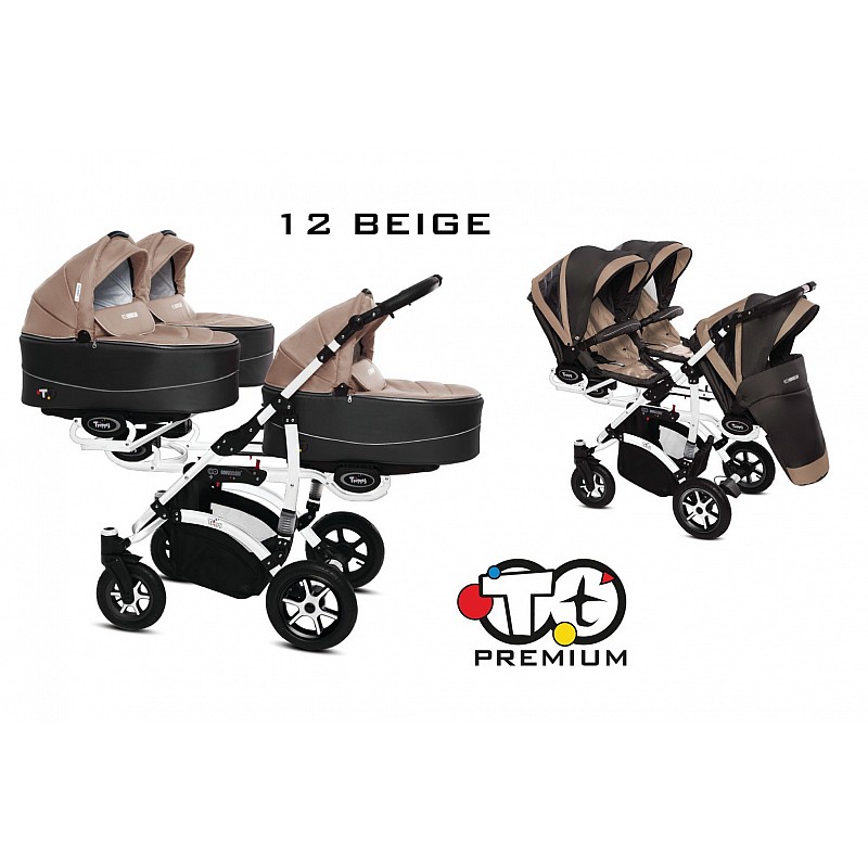 BABYACTIVE TRIPPY Premium коляска для тройни 2in1, 12 BEIGE с белой рамой