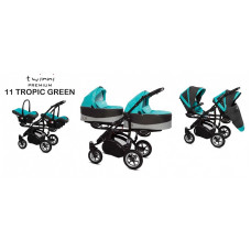 BABYACTIVE TWINNI PREMIUM Коляски для двойни 3в1 TROPIC GREEN, 11 черная рама