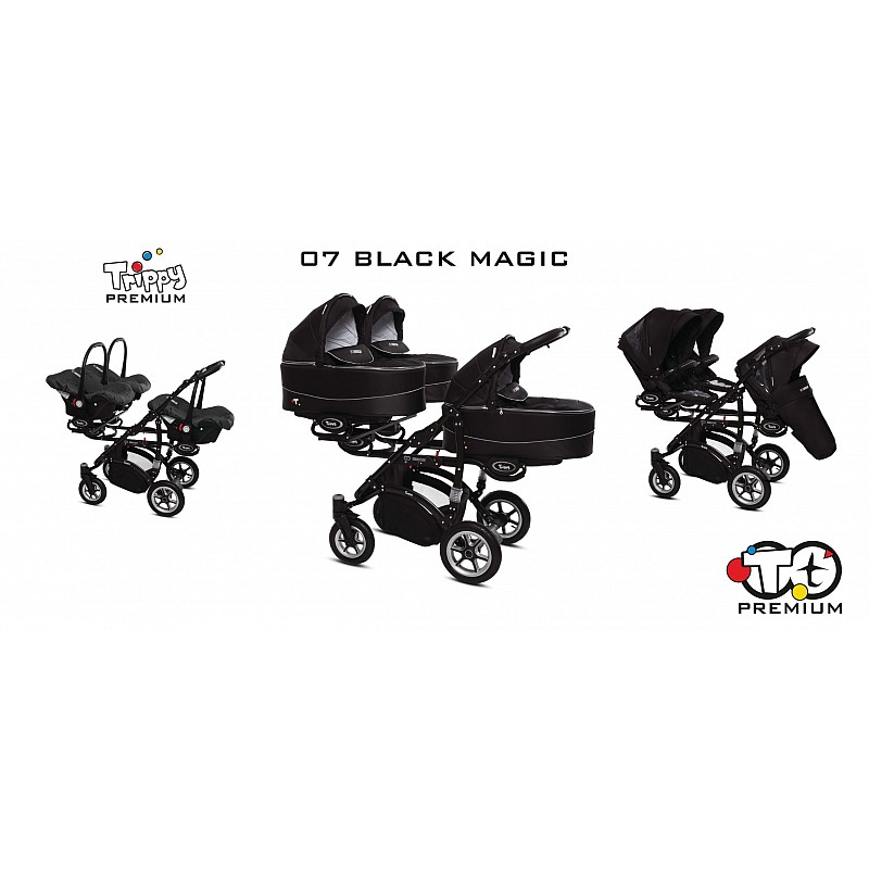 BABYACTIVE TRIPPY Premium коляска для тройни 3in1, 07 BLACK MAGIC с черной рамой