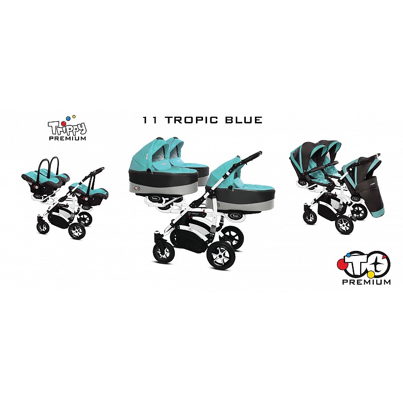 BABYACTIVE TRIPPY Premium коляска для тройни 3in1, 11 TROPICAL GREEN с белой рамой