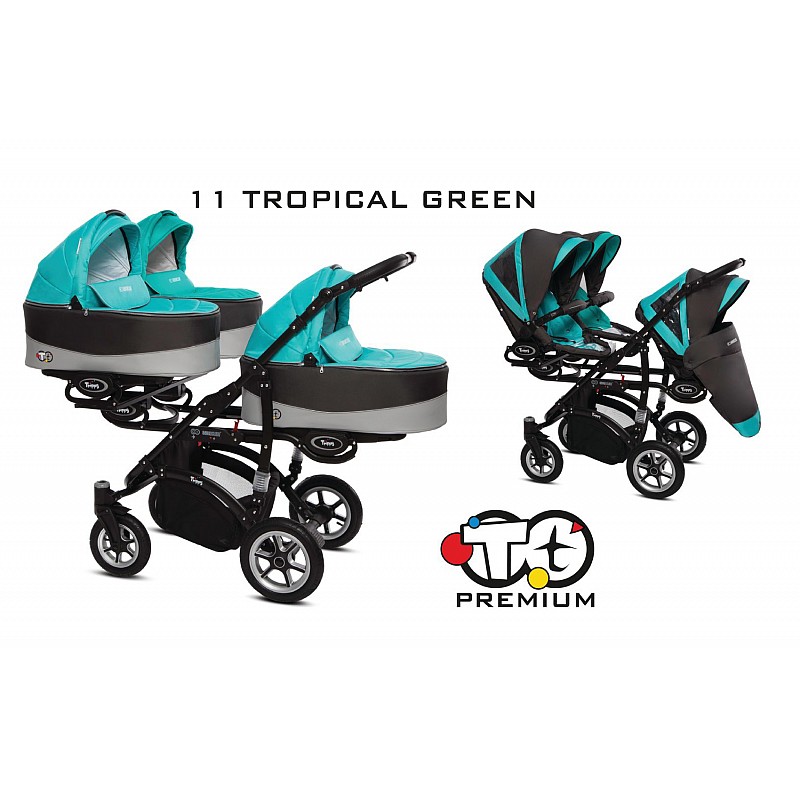 BABYACTIVE TRIPPY Premium коляска для тройни 2in1, 11 TROPICAL GREEN с черной рамой