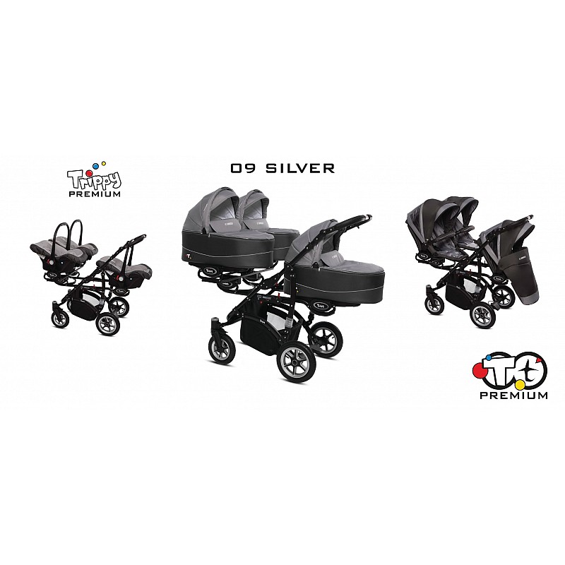 BABYACTIVE TRIPPY Premium коляска для тройни 3in1, 09 SILVER с черной рамой