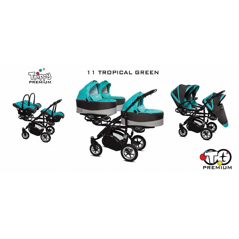 BABYACTIVE TRIPPY Premium коляска для тройни 3in1, 11 TROPICAL GREEN с черной рамой