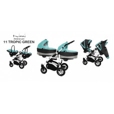 BABYACTIVE TWINNI PREMIUM Коляски для двойни 3в1 TROPIC GREEN, 11 белая рама