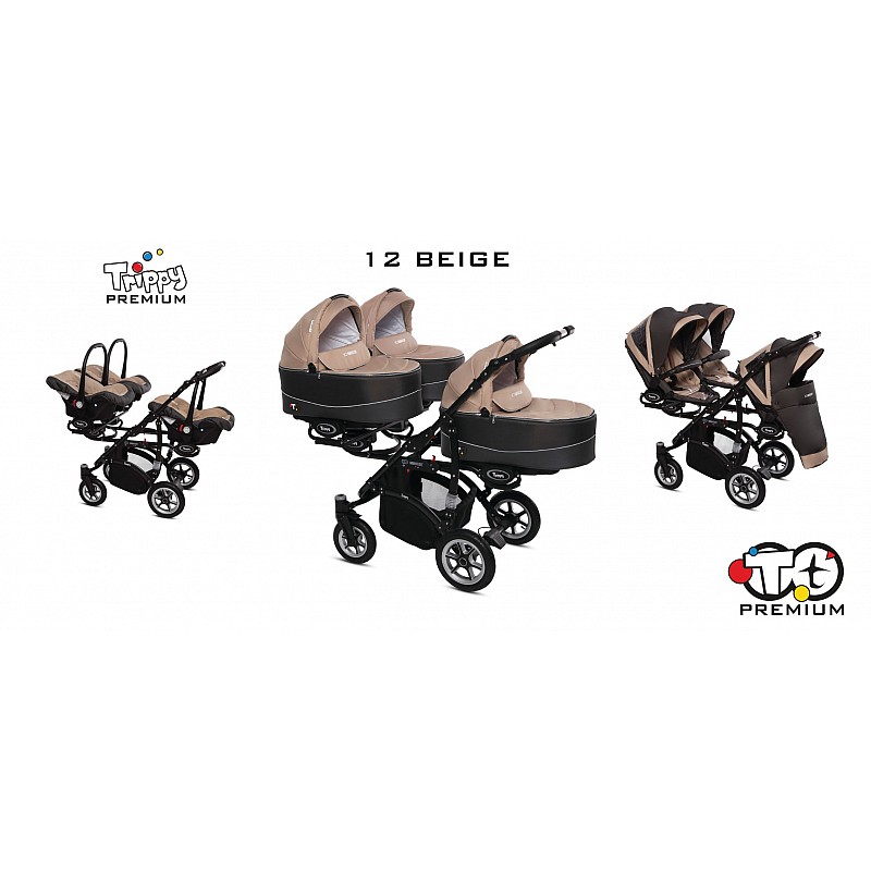 BABYACTIVE TRIPPY Premium коляска для тройни 3in1, 12 BEIGE с черной рамой