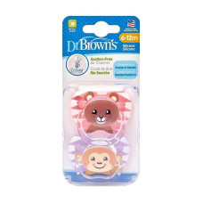 DR.BROWNS силиконовая пустышка 6-12m, PreVent BEAR&MONKEY 2шт. розовый/фиолетовый РАСПРОДАЖА