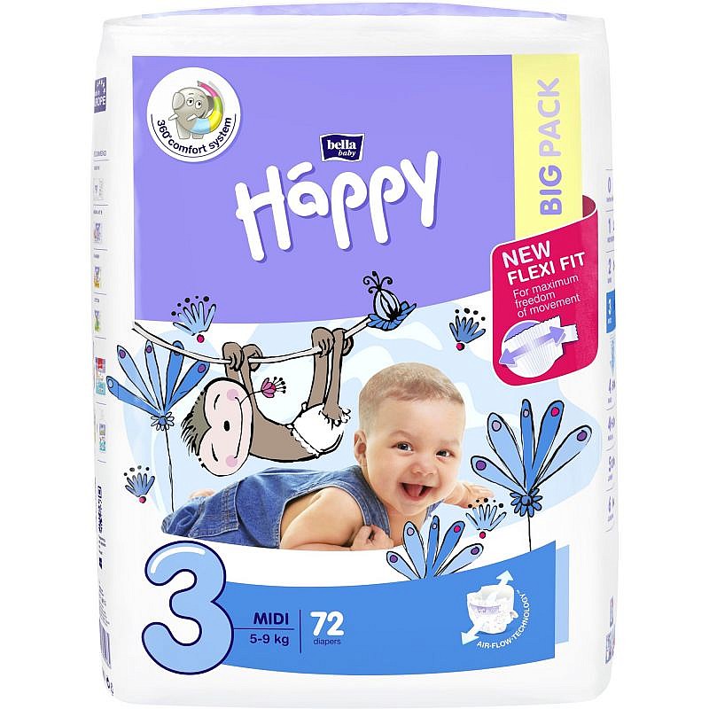 HAPPY Midi подгузники 3 размер, 5-9кг. 72шт BIG PACK РАСПРОДАЖА