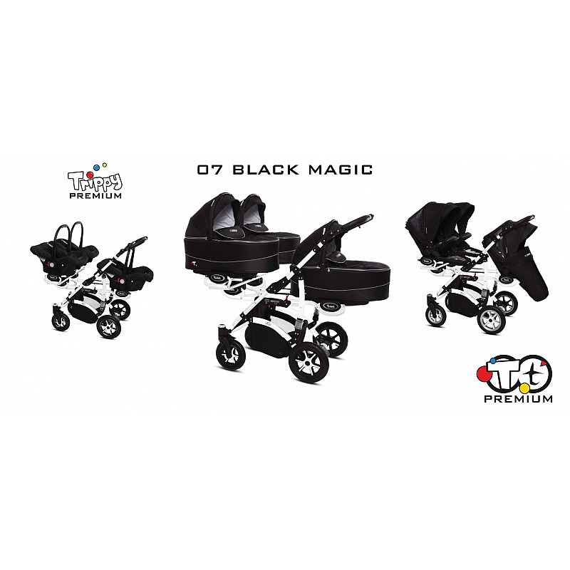 BABYACTIVE TRIPPY Premium коляска для тройни 3in1, 07 BLACK MAGIC с белой рамой